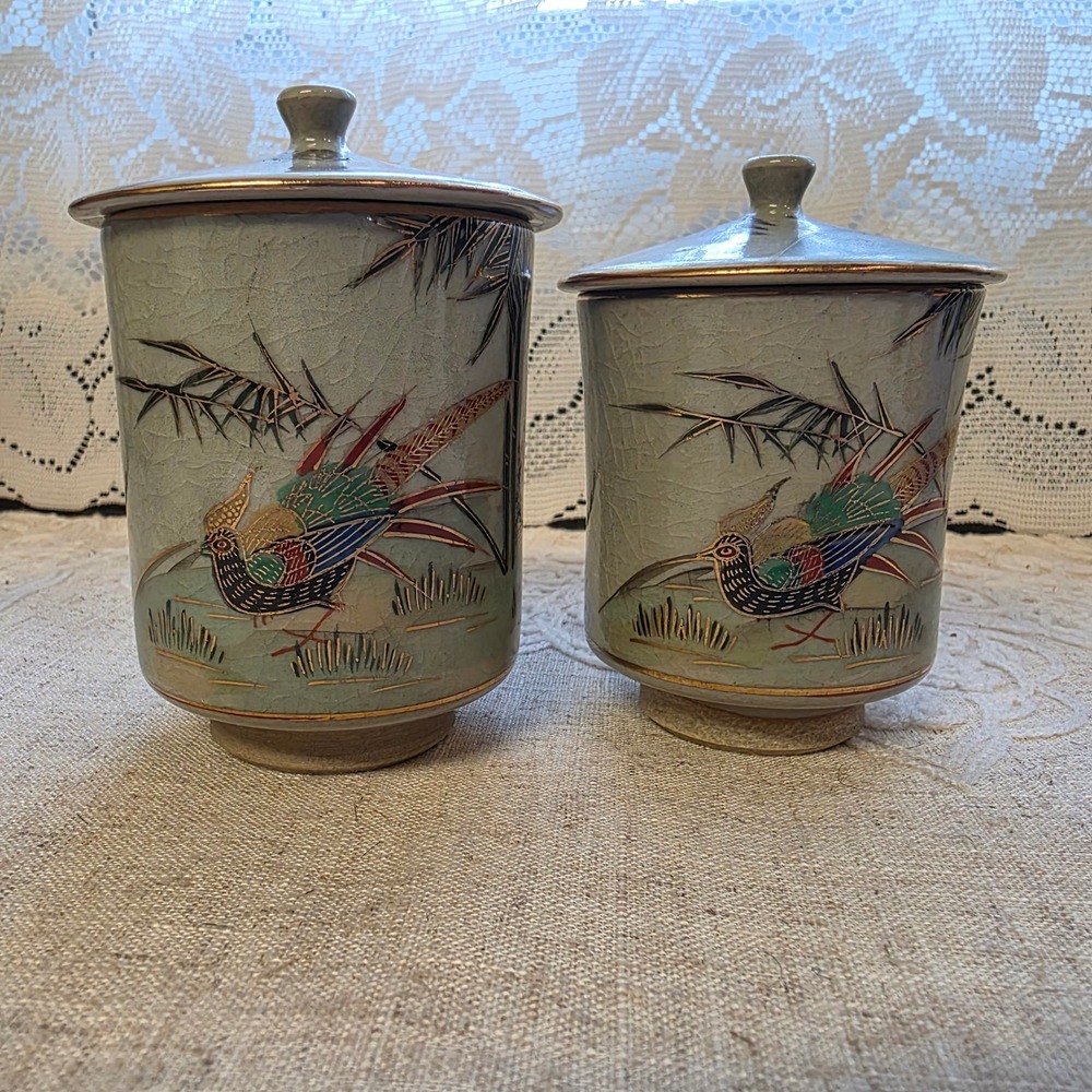 Kutani Japanese Tea Cups Set 2 Green Pheasant Bamboo Crackle Glaze Lidded Yunomi